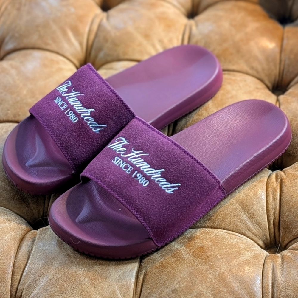 NWOT The Hundreds Rich Logo Slides Burgundy Dark Purple Slip On Men Sz 9/9.5